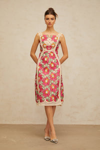 Nalini rose-pink braided floral-embroidered midi dress