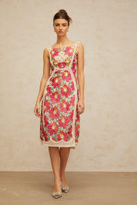Nalini rose-pink braided floral-embroidered midi dress