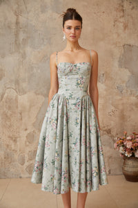 Prunelle sage-green floral-print shirred midi dress