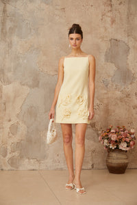 Tessa yellow floral-appliqué mini dress