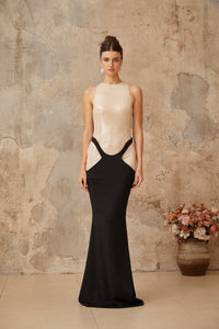 Uranie black panelled sequined corset maxi dress