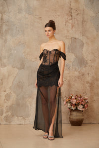 Orphée black tulle-panel floral-lace corset maxi dress