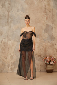 Orphée black tulle-panel floral-lace corset maxi dress