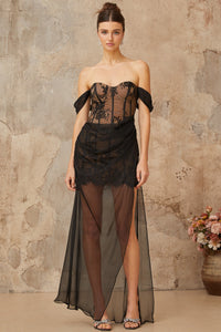 Orphée black tulle-panel floral-lace corset maxi dress