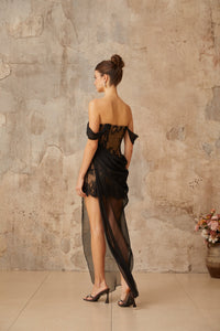 Orphée black tulle-panel floral-lace corset maxi dress