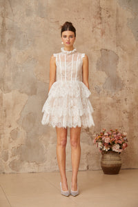 Thérèse white embellished floral-lace tiered mini dress