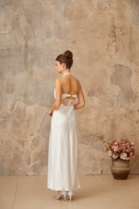 Blanche white lace-panel satin maxi dress