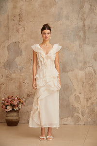 Hélène faux-flower layered ruffled maxi dress