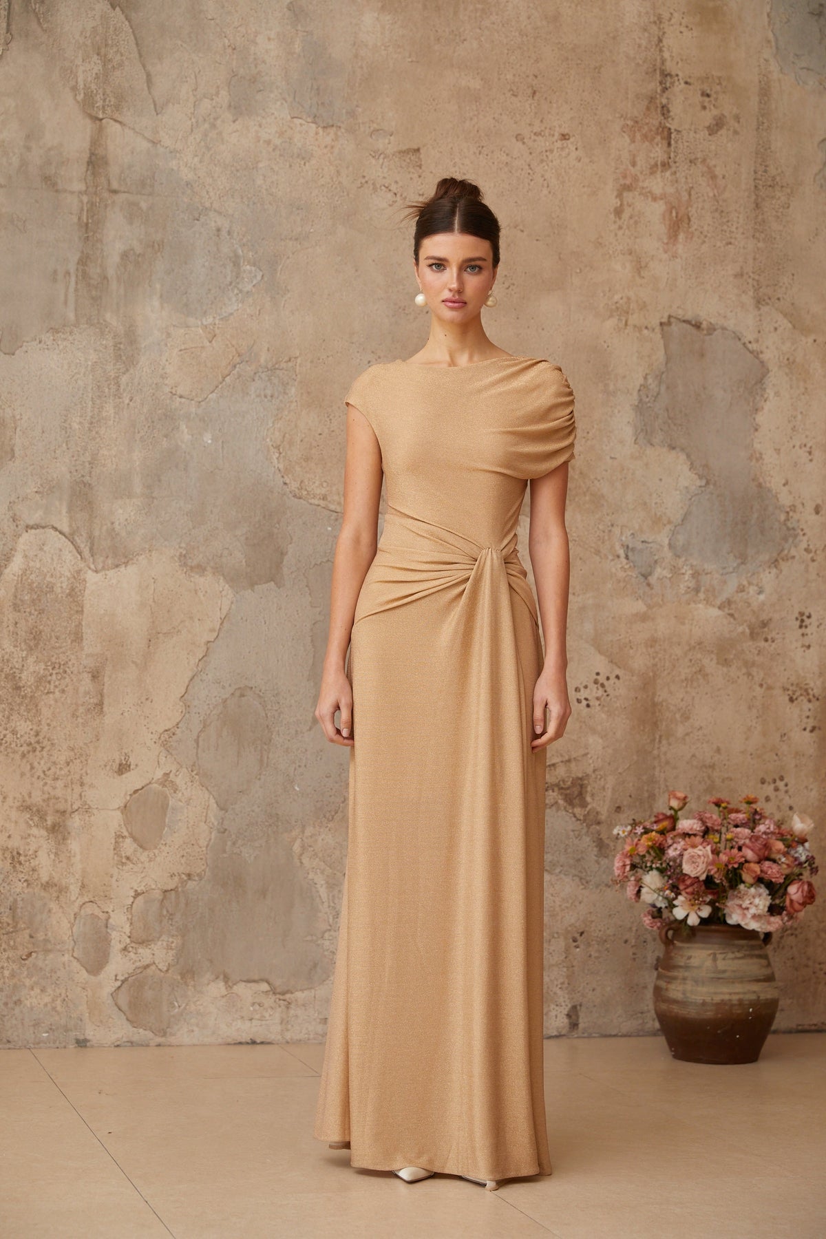 Rosalie gold asymmetrical pleated maxi dress