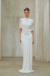 Catherine White Asymmetrical Pleated Maxi Dress