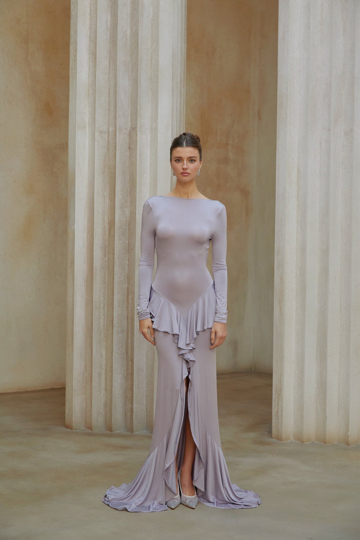 Xenia Purple Ruffle Detail Maxi Dress with Front Slit