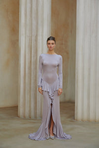 Xenia Purple Ruffle Detail Maxi Dress with Front Slit