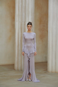 Xenia Purple Ruffle Detail Maxi Dress with Front Slit