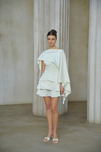 Lyna White Satin Ruffled Mini Dress with Shawl Panel Detail