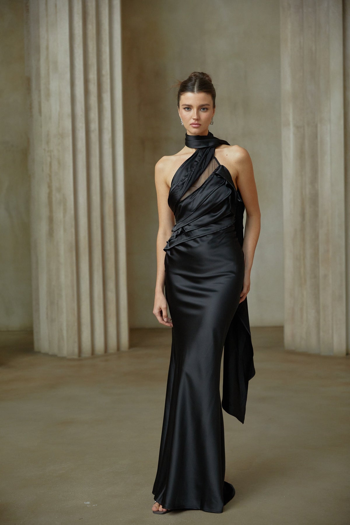 Maureen black ribbon-design satin maxi dress