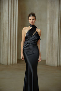 Maureen black ribbon-design satin maxi dress