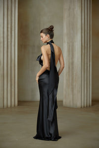 Maureen black ribbon-design satin maxi dress