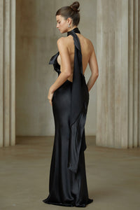 Maureen black ribbon-design satin maxi dress