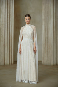 Louane white cape-design embellished tulle maxi dress