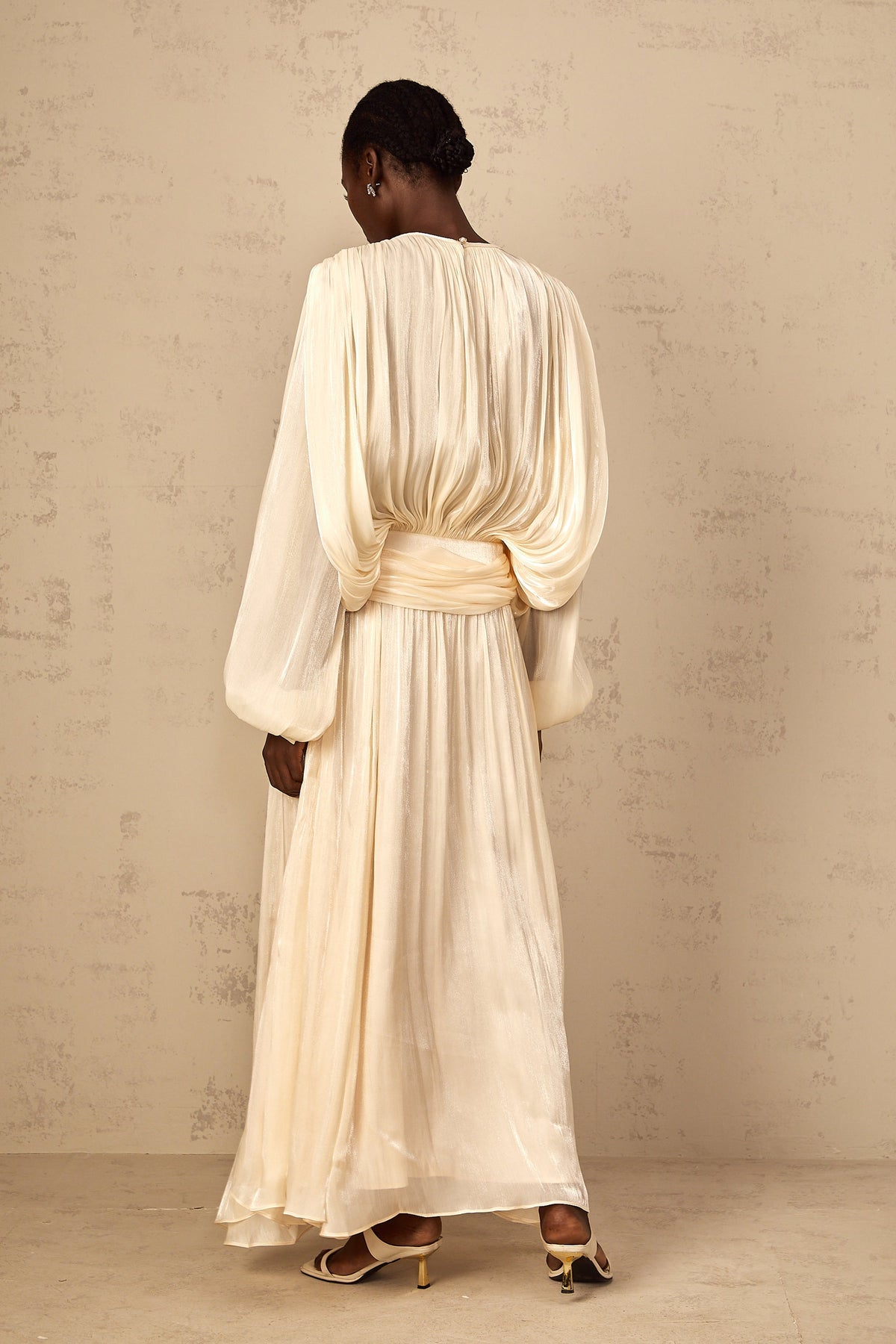 Eugénie Pleated Ruffle Maxi Dress in Neutral