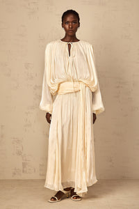 Eugénie Pleated Ruffle Maxi Dress in Neutral