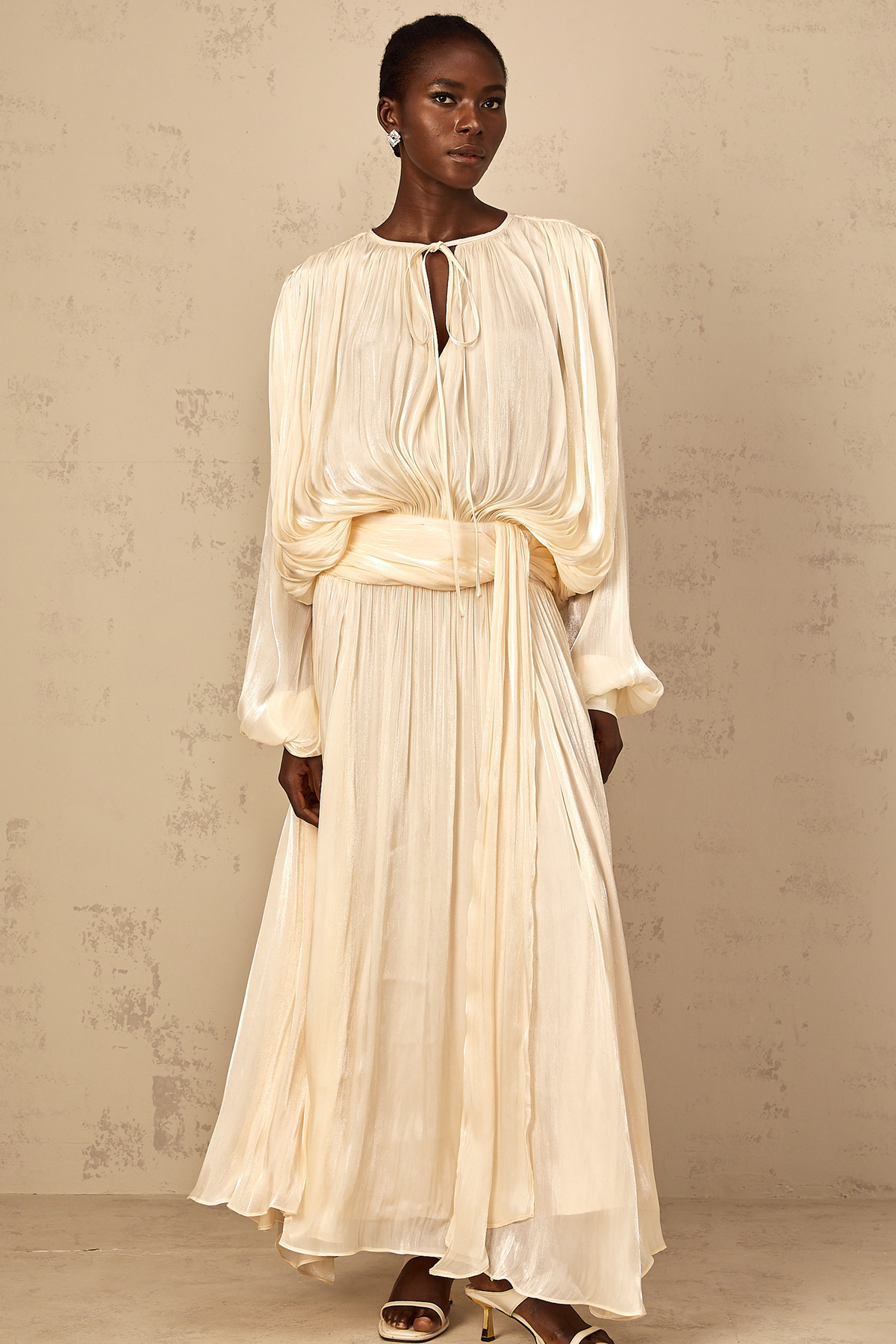 Eugénie Pleated Ruffle Maxi Dress in Neutral