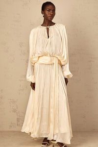 Eugénie Pleated Ruffle Maxi Dress in Neutral