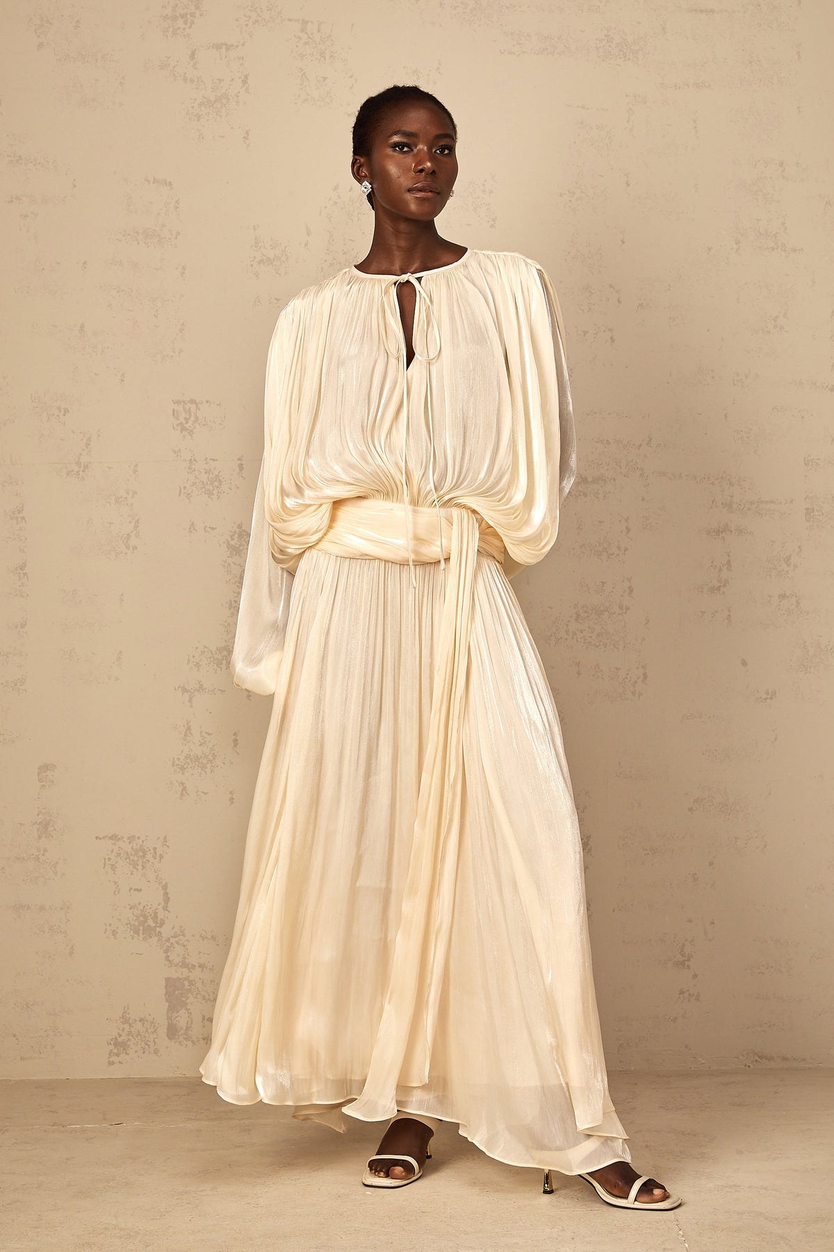 Eugénie Pleated Ruffle Maxi Dress in Neutral