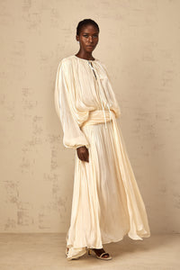 Eugénie Pleated Ruffle Maxi Dress in Neutral