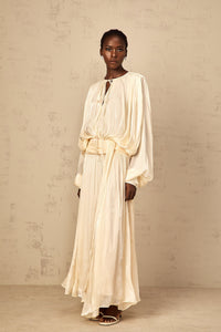 Eugénie Pleated Ruffle Maxi Dress in Neutral