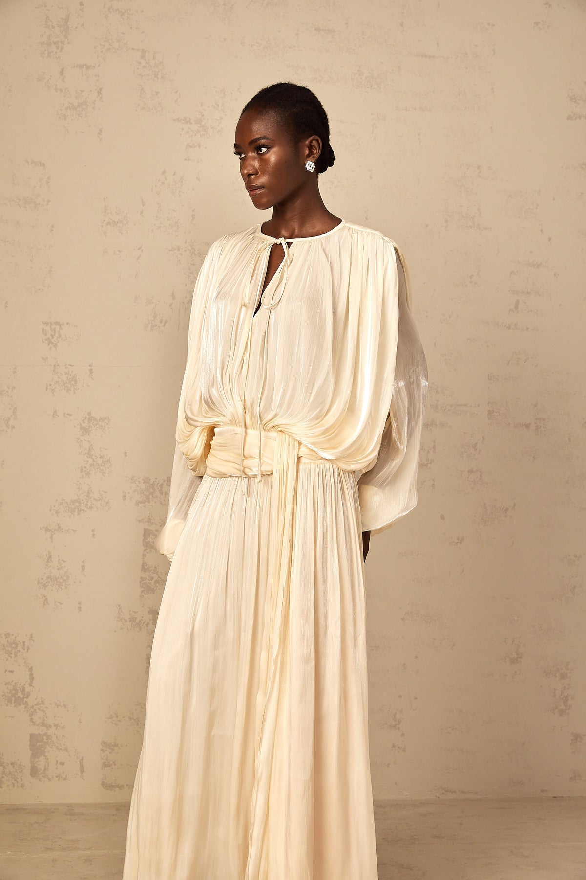 Eugénie Pleated Ruffle Maxi Dress in Neutral