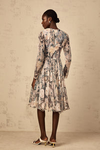 Mélanie Floral Print Pleated Chiffon Midi Dress