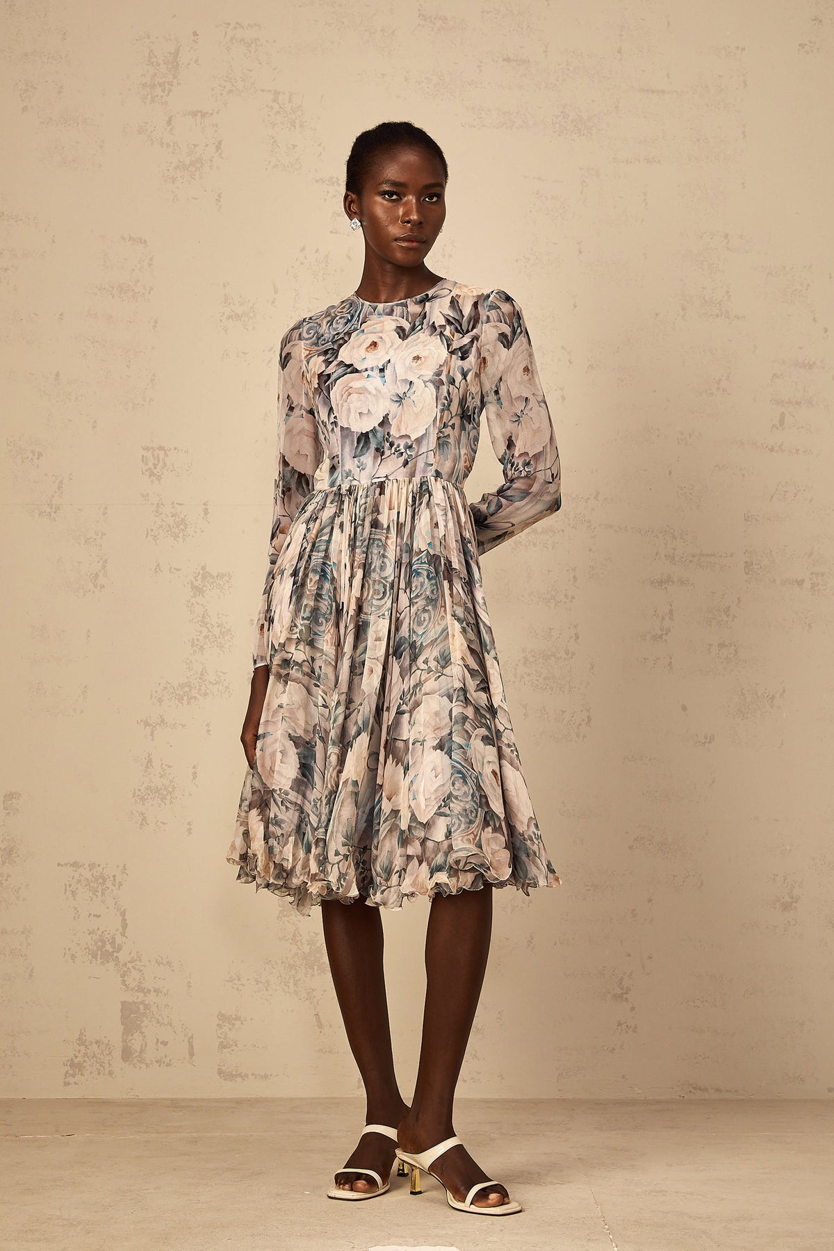 Mélanie Floral Print Pleated Chiffon Midi Dress