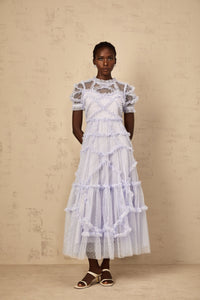 Annabelle Blue Polka Dot Ruffled Tulle Maxi Dress