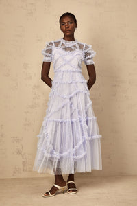 Annabelle Blue Polka Dot Ruffled Tulle Maxi Dress