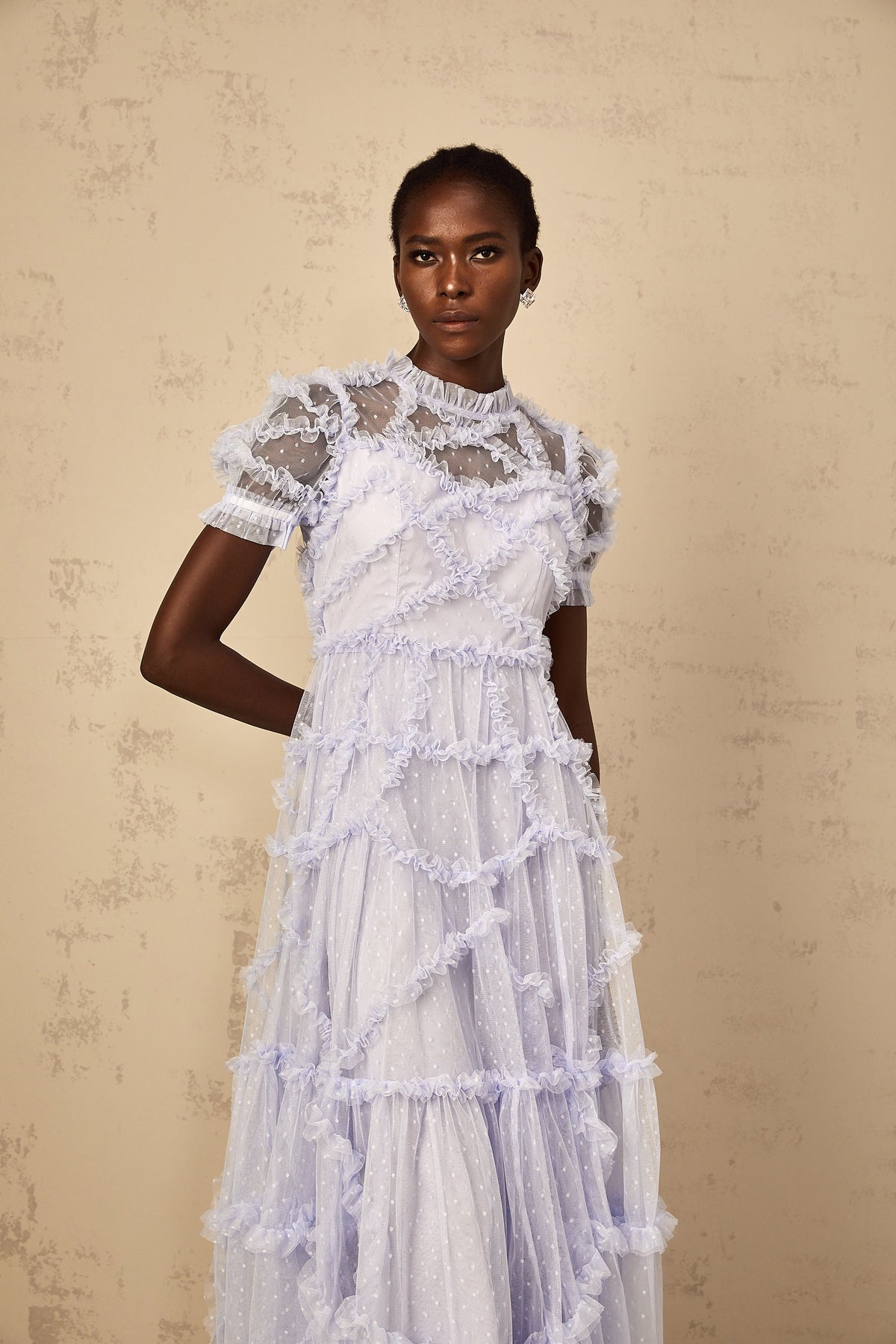 Annabelle Blue Polka Dot Ruffled Tulle Maxi Dress