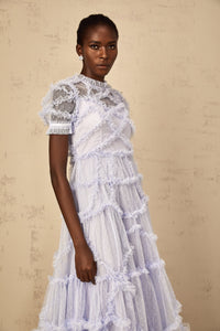 Annabelle Blue Polka Dot Ruffled Tulle Maxi Dress