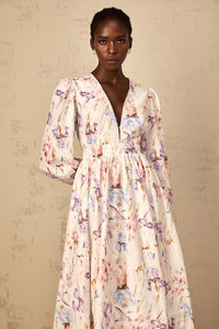 Géraldine White V-Neck Floral Print Midi Dress