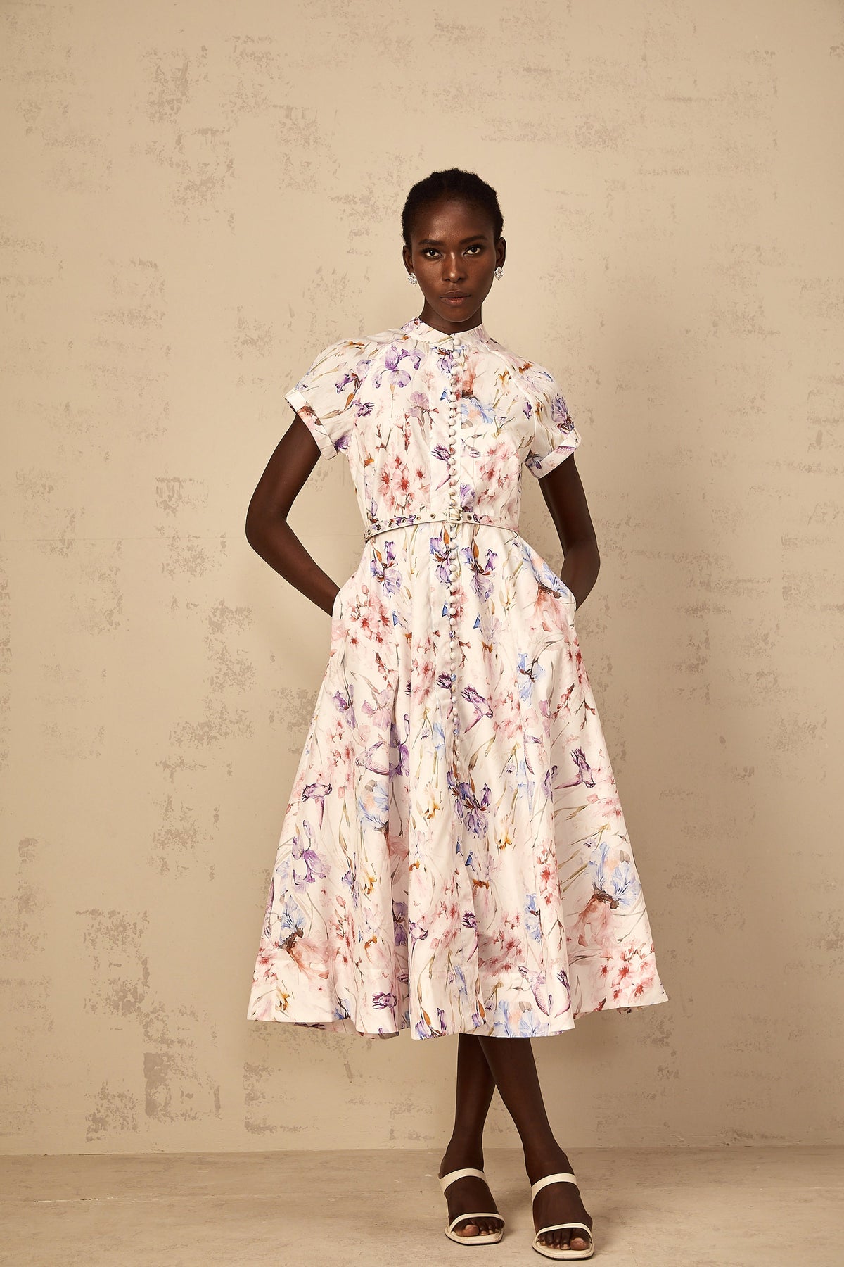 Géraldine White Mock-Neck Floral Print Midi Dress