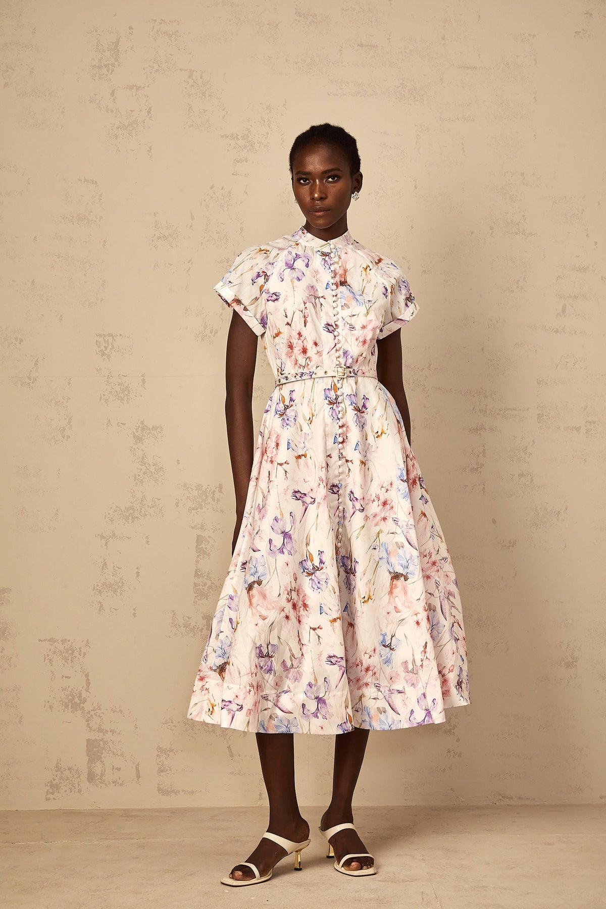 Géraldine White Mock-Neck Floral Print Midi Dress