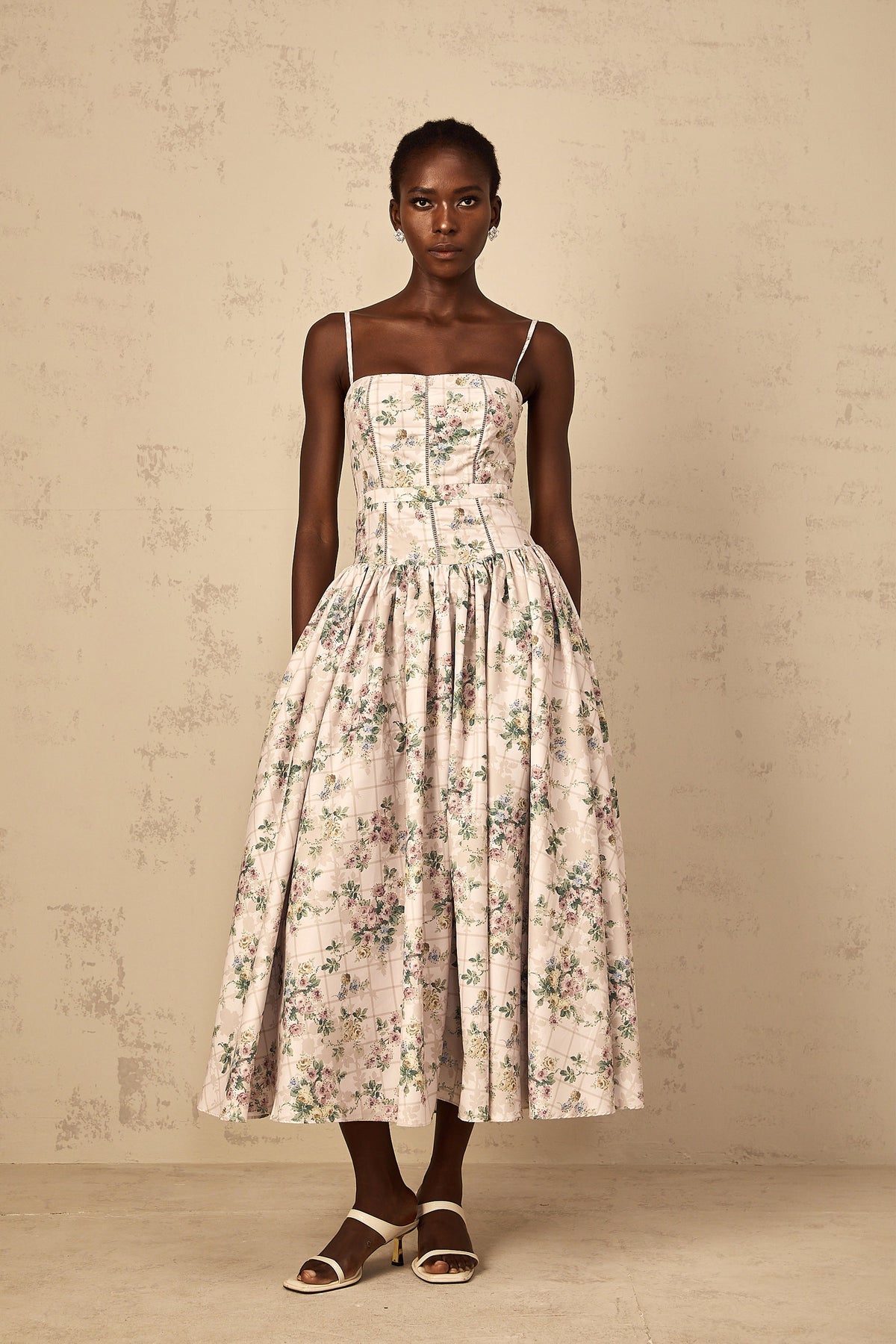 Fleur Neutral Floral Print Midi Dress