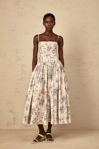 Fleur Neutral Floral Print Midi Dress