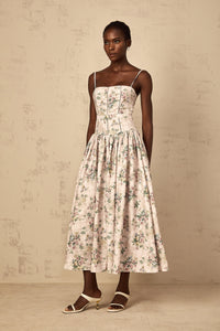 Fleur Neutral Floral Print Midi Dress