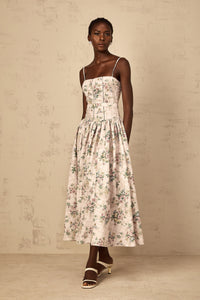 Fleur Neutral Floral Print Midi Dress
