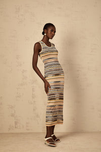 Quentin Yellow Striped Crochet Knit Midi Dress