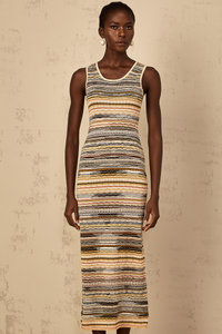 Quentin Yellow Striped Crochet Knit Midi Dress