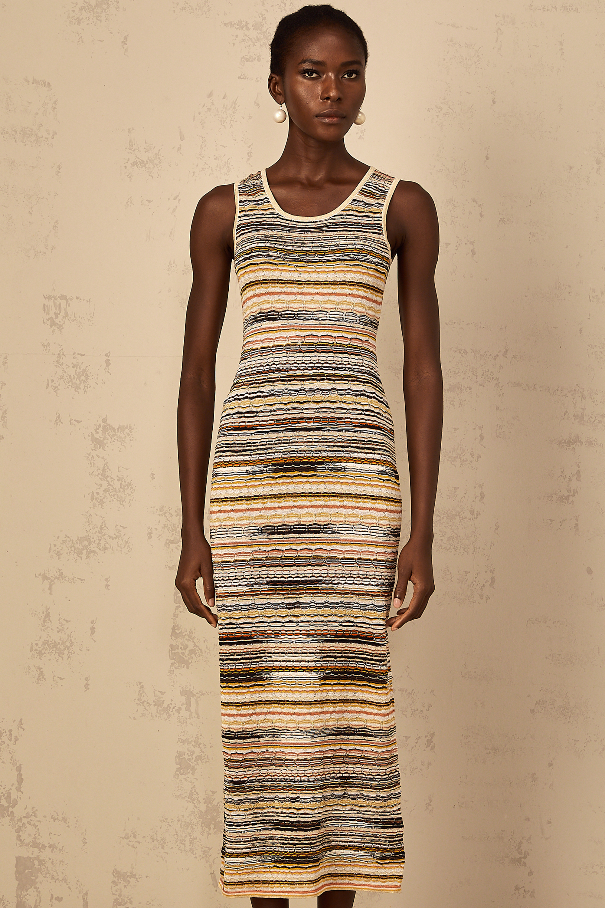 Quentin Yellow Striped Crochet Knit Midi Dress
