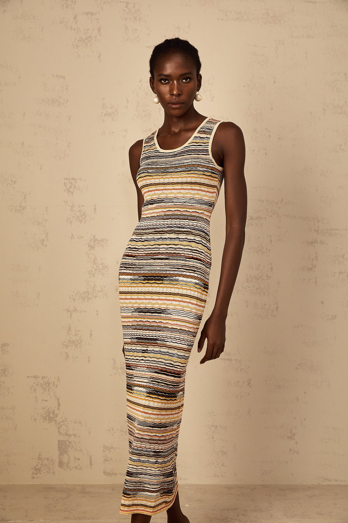 Quentin Yellow Striped Crochet Knit Midi Dress