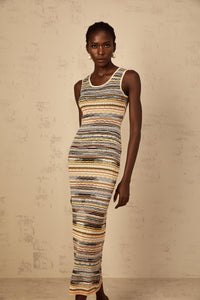 Quentin Yellow Striped Crochet Knit Midi Dress