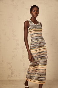 Quentin Yellow Striped Crochet Knit Midi Dress